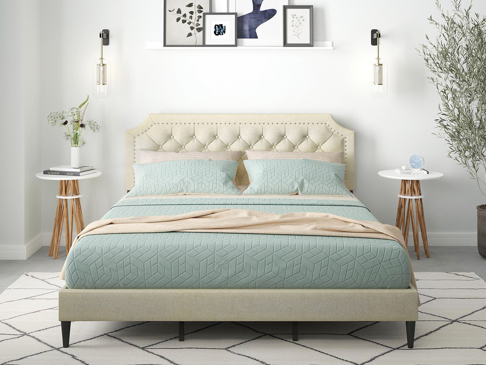 Glenwillow Home Upholstered Platform Bed Frame King Curta Beige