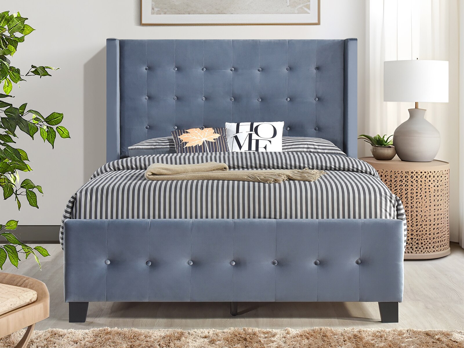 Black Faux Leather Unique Design Headboard 1PC Queen Size Bed Bedroom Furniture Nailhead Upholstered Modern Bedframe, image size:1600x1200
